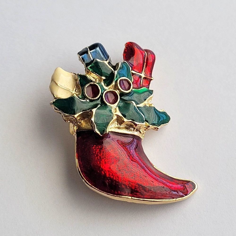 Holiday Christmas Stocking Red Green Gold-Tone with Packages Gifts Brooch Pin